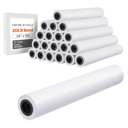 20 Pack 24 in x 150 ft Plotter Paper Rolls, 2 in Core, 20 LB CAD Bond