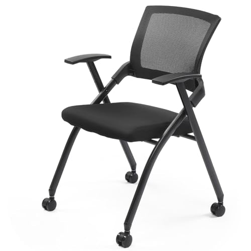 1 Pack Office Guest Reception Chairs,Ergonomic Folding Mesh Office Desk Chair,Stackable & Foldable Conference Room Chairs,Mesh Comfy Desk Chair with Wheels,for Home, Office, Training Room (Black)