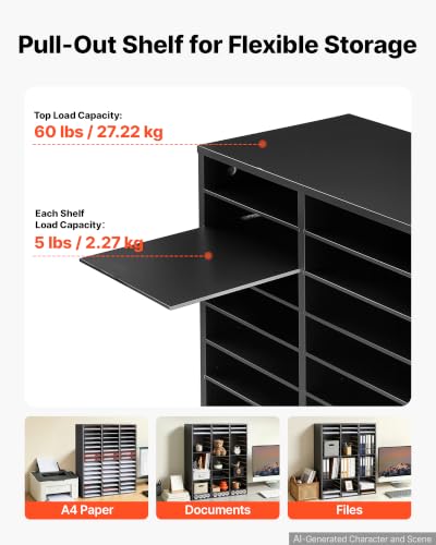 VEVOR Wood Literature Organizer 48 Compartments Office Mailboxes Black | Countertop Literature Sorter for Files Documents Papers, with Adjustable Shelves, for Office, Home, Classroom Organization