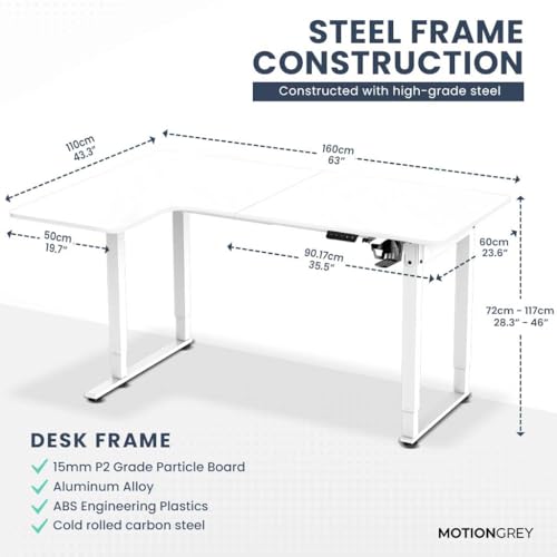MotionGrey - Electric Motor Height Adjustable Standing Desk, L Shaped Standing Desk, L Shape Corner Desk, Adjustable Computer Sit Stand Desk Stand - L Shape Desk with 63 Inch Table Top (White)