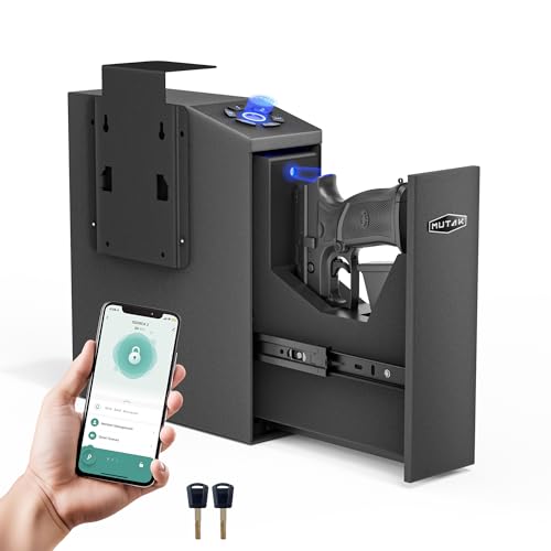 Mutak Gun Safe for Handgun, Slider Biometric Pistol Safe, 4 Ways Quick Access with APP/Fingerprint/PIN Code/KEY, Single GunSafe for Nightstand Bedside Home,Wall, Dresser