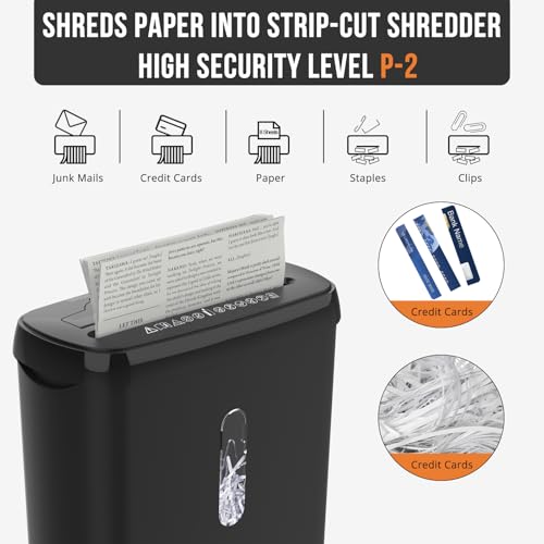 Black Paper Shredder for Home Office 10-Sheet Strip Cut Metal Shredder Machine with 3.17-Gallon Bucket P2 Security Level Shreds CD and Credit Card ETL Certified Jam Proof
