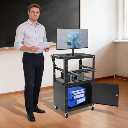 AV Cart Stand Rolling Cart, Mobile AV Cart Adjustable Height Stand, Heavy Duty Office Presentation Cart Carbon Steel Frame Lockable Cabinet Pullout Tray Power Strip Wheels