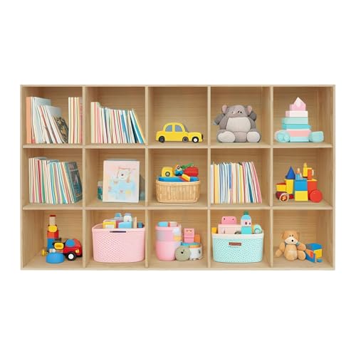 BbqLiaxon 15-Compartment Solid Mobile Cubby Storage Cabinet -Vertical Or Horizontal Bookcase - Open Book Shelf, Rectangular Wood Shelves Cube Shelf for Living Room, Bedroom, Office