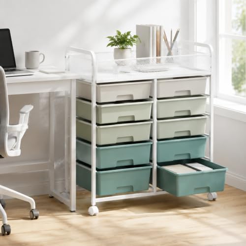 10-Drawer Rolling Cart with Wheels, Storage Organizer with Mesh Top Shelf