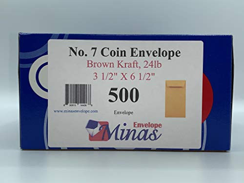 500 Minas Envelope - #7 Coin and Cash Envelopes, 24lb Kraft Paper, 3.5 x 6.5 Inches, 500 Count, Gummed Flap, for Storage, Jewelry and Small Parts, 500 Count
