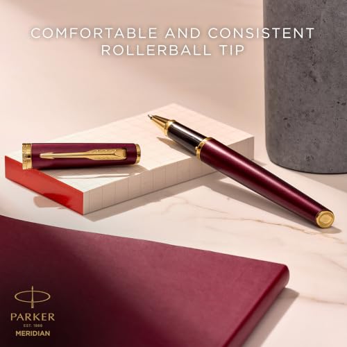PARKER Meridian Rollerball Pen | Red Lacquer with Gold Trims | Fine Nib | Handwriting Pens & Stationery Supplies | Black Ink | Luxury Gift Box