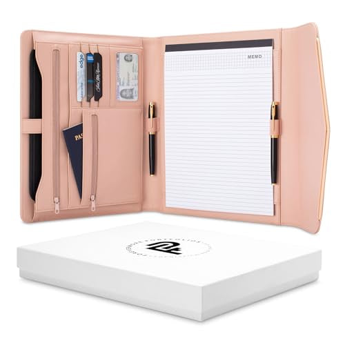 FOREVERMORE PORTFOLIOS Padfolio Binder Organizer for Women | Faux Leather Portfolio Folder for Resume, Documents, Notebook, Tablet and Business Cards | Notepad Included - Pink with Gold Edge