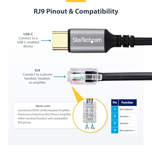 StarTech USB-C to RJ9 Adapter, Use Landline Hardware (UR9-HEADSET-ADAPTER)