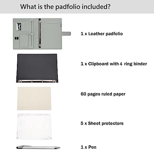 Wonderpool A4 PU Leather 3 & 4 Ring Holder Writing Portfolio Multi Document Case with Removable Binder Clipboard and Functional Pocket for Organizer Office Travel School (Green)