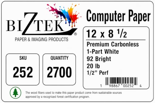 BIZTEK Continuous Computer Paper 12 x 8 1/2 Blank, White, Clean Edge 1 Part 20 lb. 92 Bright | 2700 Sheet Cartons