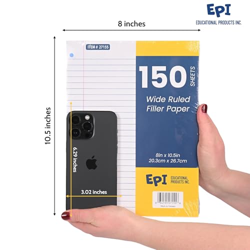 EPI Filler Paper | College Ruled | Loose Leaf, 3-Hole Punched, 10.5 x 8 in, 150 Sheets | School, Office, Notes, Binder Refill - 24 Pack