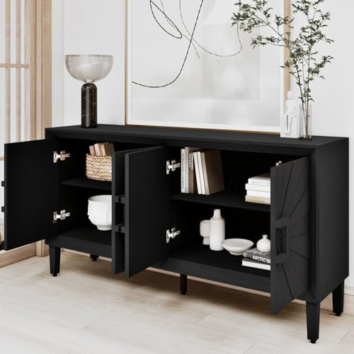 WEALTHKING Industrial Style 4-Door Wooden Credenza with Arc Base & Vintage Clasps - Versatile Storage Cabinet for Living Room, Entryway Console or Home Office Furniture (Black,C)