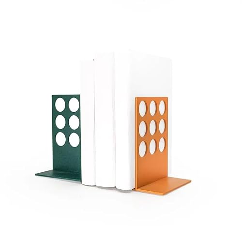 Modern Round Cutout Bookends Set of 2, Non-Skid Metal Book Ends for Shelves, Decorative Book Holders for Home Office Library, Green and Orange
