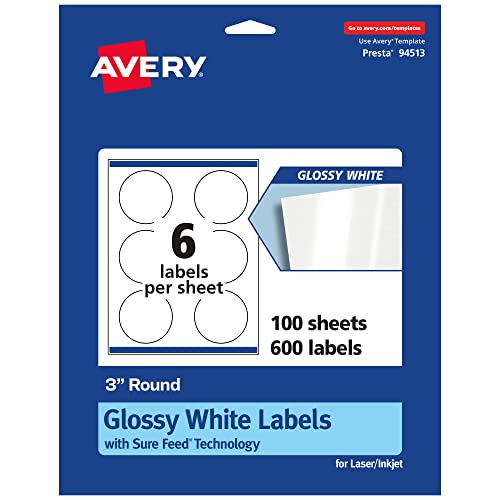 Avery Round Labels, Sure Feed Technology, 3" Diameter, 600 Glossy White Labels (36503)