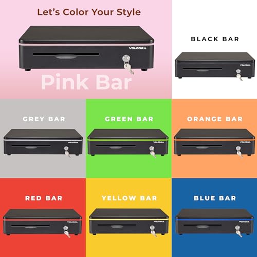 Volcora Cash Register Drawer for Point of Sale POS System with Round Corners 16", Removable Coin Tray, 5 Bill 8 Coin, 12-24V RJ11/12 Key-Lock Media Slot, Money Drawer for Business, Pink Bar/Black