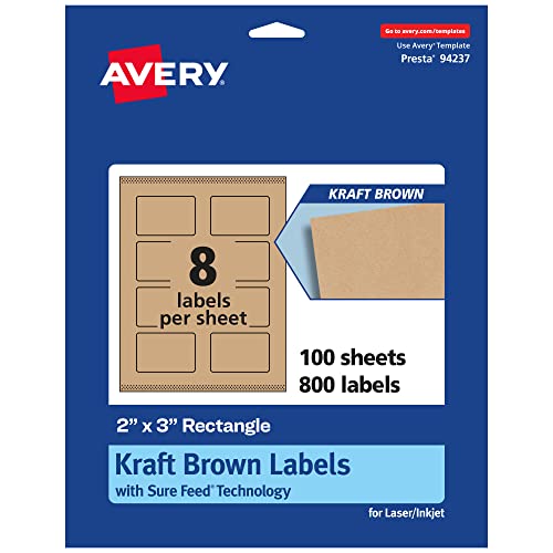 Avery® Kraft Brown Rectangle Labels, Sure Feed® Technology, 2" x 3", 800 Kraft Brown Labels, Print-to-The-Edge, Laser/Inkjet Printable
