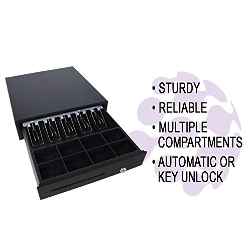 NRS POS Cash Register Drawer - Sturdy Metal Drawer for Small Businesses with Removable Tray - Automatic or Key-Lock (Black)