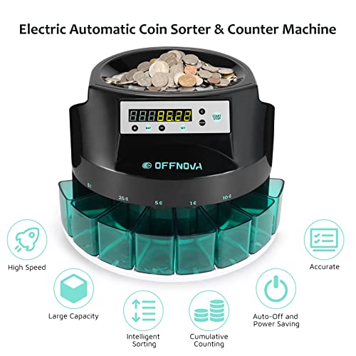OFFNOVA Electric Automatic Coin Sorter & Change Counter Machine, Coins up to 300 Coins Per Minute, Large LED Digital Display, Supports All Denomination of US Coins
