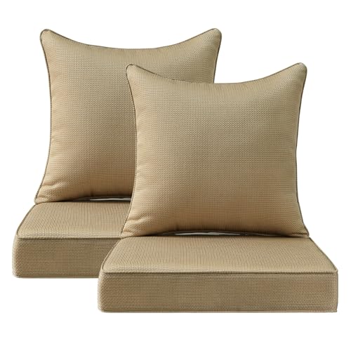 Unimatta Outdoor Patio Chair Cushions Set, 24" x 24"(24x24 Back), Set of 2, Water-Repellent, Fade Resistant, Deep Seat Bottom and Back Cushion for Backyard, Couch, Sofa, Natural Beige Lattice