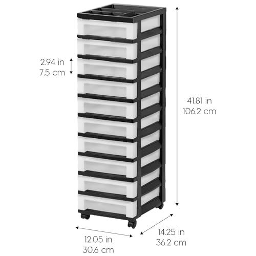 IRIS USA 2 Pack 10-Drawer Plastic Rolling Storage Cart Organizer with Wheels and Drawers for Craft Supplies, Office, Classroom and Closet Use, Black
