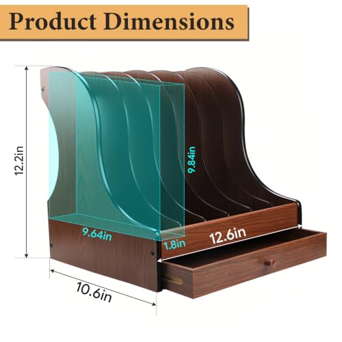 Wooden Desk File Organizer with 6 Vertical Rack & Drawer for Office & Home