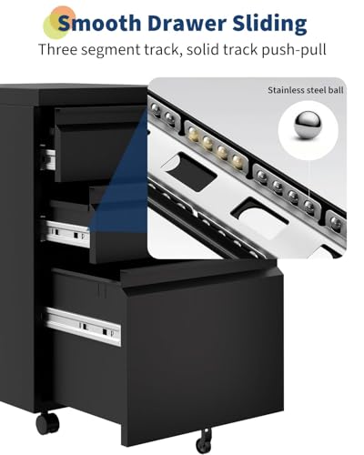 Three-Drawer Filing Cabinet Lockable Under-Desk Side Storage Cabinet Caster-Equipped Filing Cabinet Fits Legal/A4 Paper Sizes Adjustable Shelves Ideal for Office/Home Workspaces - Jet Black