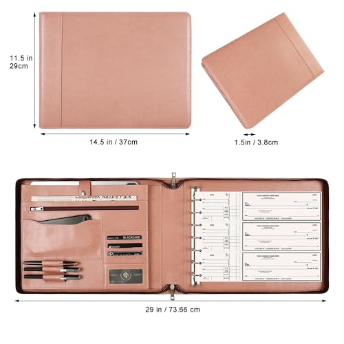 DUKE&COW Vegan Leather Business Checkbook Binder - 7 Ring Check Binder Zippered Business Check Binder with Check Book Holder for 3 Per Page 600 Checks Capacity for 9 x 13 inch Sheets, Pink - Custom