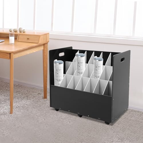 YUYFCC 21 Slots Blueprint Holder Rolling File Cart Mobile Roll File Storage Rack Modern Files Organizer Cabinet with Lockable Wheels for Home Office Studio (Black)