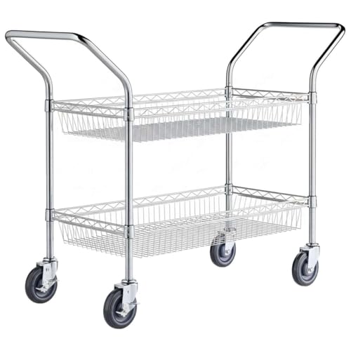 18" x 46" Commercial Chrome Utility Cart with 2 Basket Shelves - Heavy-Duty NSF Wire Storage Rolling Cart with Handles, Mobile Serving Cart for Restaurant, Hotel, Warehouse, Office, Kitchen