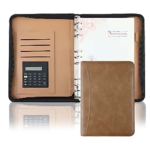 Padfolio Organizer Binder,Portfolio, A5/B5/A6 PU Leather Conference Portfolio Fold Business Padfolio Zipper Organizer Folder with Calculator 6 Ring Binder Clipboard for Office Work(Brown,B5)