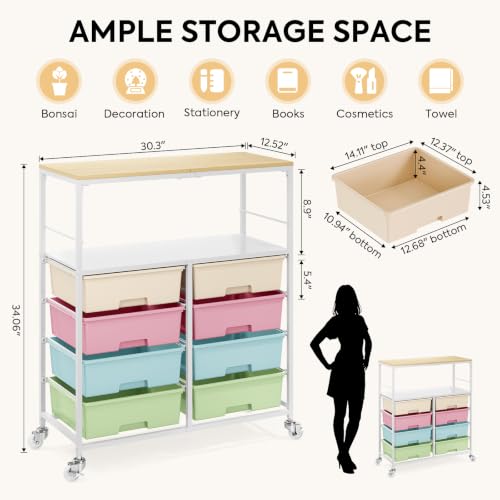 APEXCHASER Rolling Storage Cart with 8 Large Drawers,Wooden Tabletop