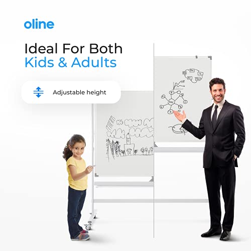 Oline Mobile Whiteboard 48 x 36 Inch Large Height Adjust 360° Magnetic Rolling Double Sided Reversible Dry Erase Board (48x36, White & Silver)