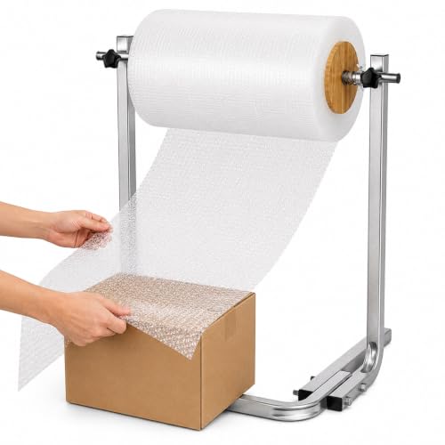BDJSN Floor Standing Bubble Wrap Dispenser, Galvanized Steel Packing Roll Holder with Wooden Side Guides and Quick-Change Knobs, 70 Cm High for Warehouse Shipping and Moving Supplies 30cm