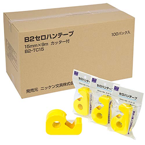 ニッケン文具 Holiaki B2-TC15_100 Cellophane Tape, Small Roll, Cutter Included, 100 Pieces, 0.6 inches (15 mm) Width x 29.4 ft (9 m) Roll