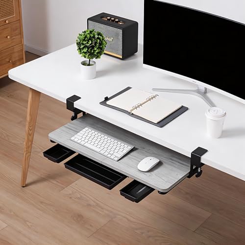 TECLUK Keyboard Tray Under Desk with Drawer,26.77" X 11.81" (Grey)