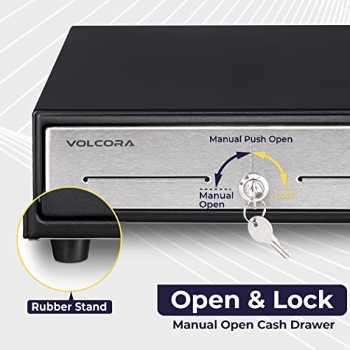 Volcora 13" Manual Push Open Cash Register Drawer for Point of Sale (POS) System - Black with Stainless Steel Front Touch Panel - with 4 Bills and 5 Coin Slots, Fully Removable Money Tray