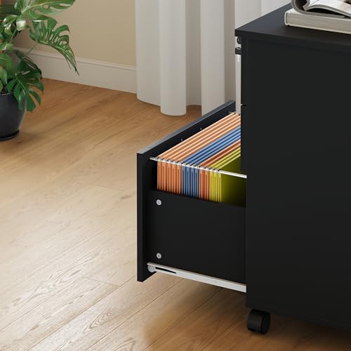 FinerFurnis Secure 3-Drawer Wood File Cabinet with Lock – Mobile Under Desk Filing Cabinet, Sturdy Storage Organizer, Accommodates Letter/Legal/A4, Rolling Printer Stand – Matte Black Linen Finish
