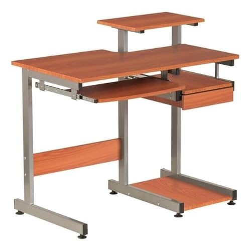 Pemberly Row Contemporary Wood/Steel Computer Desk, 38" W x 22" D x 30" H, Mahogany Finish, MDF and Steel Construction, Pull-Out Keyboard Tray, Printer and Scanner Shelves, Home Office Desk
