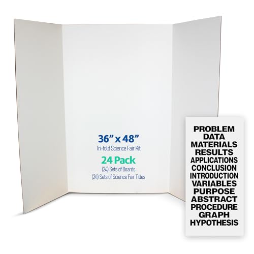 Flipside Products Science Fair Project Board Kit – 36" x 48" White Trifold Boards with Black Science Fair Title Letters – Ready-to-Use Project Display Boards - 24 Pack