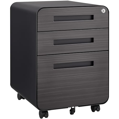 soges 3 Drawer Mobile Metal File Cabinet with Lock, Versatile Filing Cabinet Under Desk for Legal/Letter/A4 Storage, Full Assembled Except Casters, for Home Office (Wood Black)