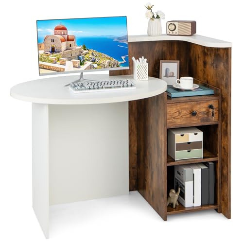 SILKYDRY Reception Desk, Small Retail Checkout Counter with Lockable Drawer and Open Shelves, Wooden Front Desk Reception Counter, Oval Desktop & L Counter for Store Office Lobby Salon (Brown)