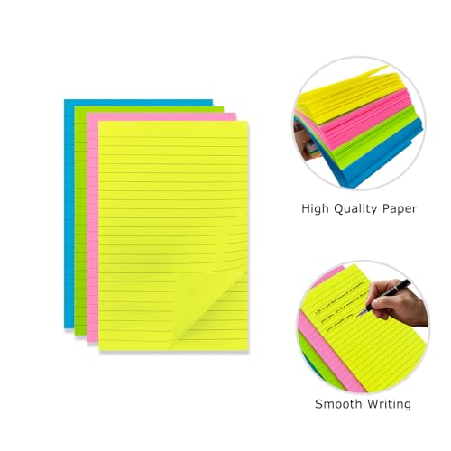 4A 16 Pads Lined Sticky Notes 5 x 8 in, Bright Colors, Colorful Large Sticky Notes with Lines Self-Stick Note Pads for Office School Supplies, 50 Sheets/Pad,16 Pads, 800 Sheets Total, 4A 5084-N-Lx4
