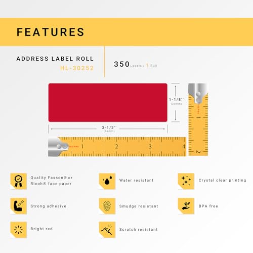 HouseLabels Compatible with Dymo 30252 Labels, Red, 1-1/8" x 3-1/2"