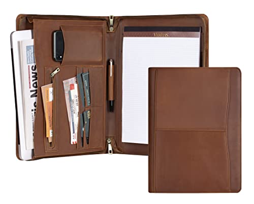 Leather Portfolio for Men, Zippered Padfolio for Women, Business Portfolio Folder Leather Conference Folio Pad Holder for Letter Size Notepad (Brown)
