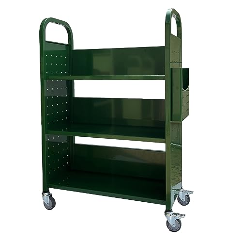 Workington Rolling Book Truck Book Cart with 3 Flat Shelves, Library Book Cart with Swivel Lockable Casters 3001 Green