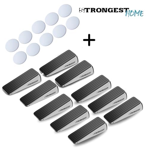 Strongest Home Heavy Duty Door Stopper Wedge (10 Chrome PCs) | Non-Slip Rubber and Metal Door Stop for Heavy Doors| Work on Wood, Tile, Carpet + 10 White Wall Protectors