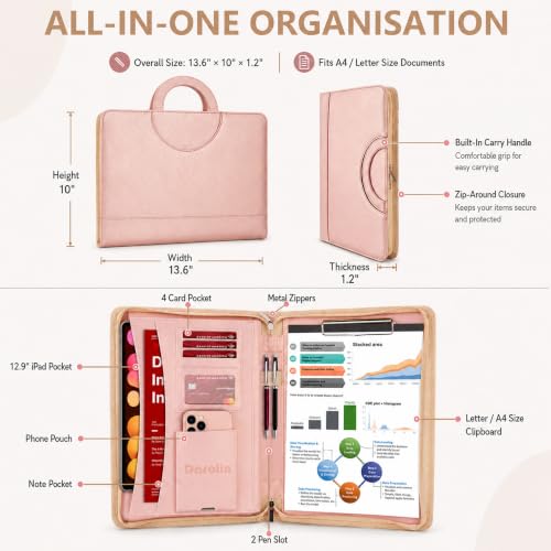 Darolin Leather Portfolio with Handle - Business Clipboard Folio, Rosegold