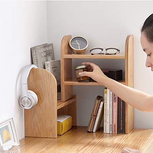 BINGQIAN Standing Bookcase Natural Oak Desk Bookshelf Expandable Desktop Organizer Table Top Bookcase, Extension Book Rack Adjustable for Office and Home Desktop Book Stand