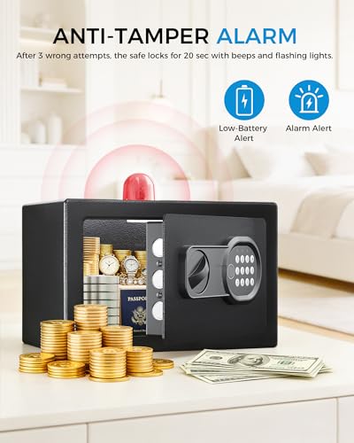 GTPLAYER Safe Box 0.44 Cubic Feet for College Dorm Room with Electronic Keypad and Fingerprint, Shelf, Wall Mount Kit, Hidden Home Safe for Money, Jewelry and Passport